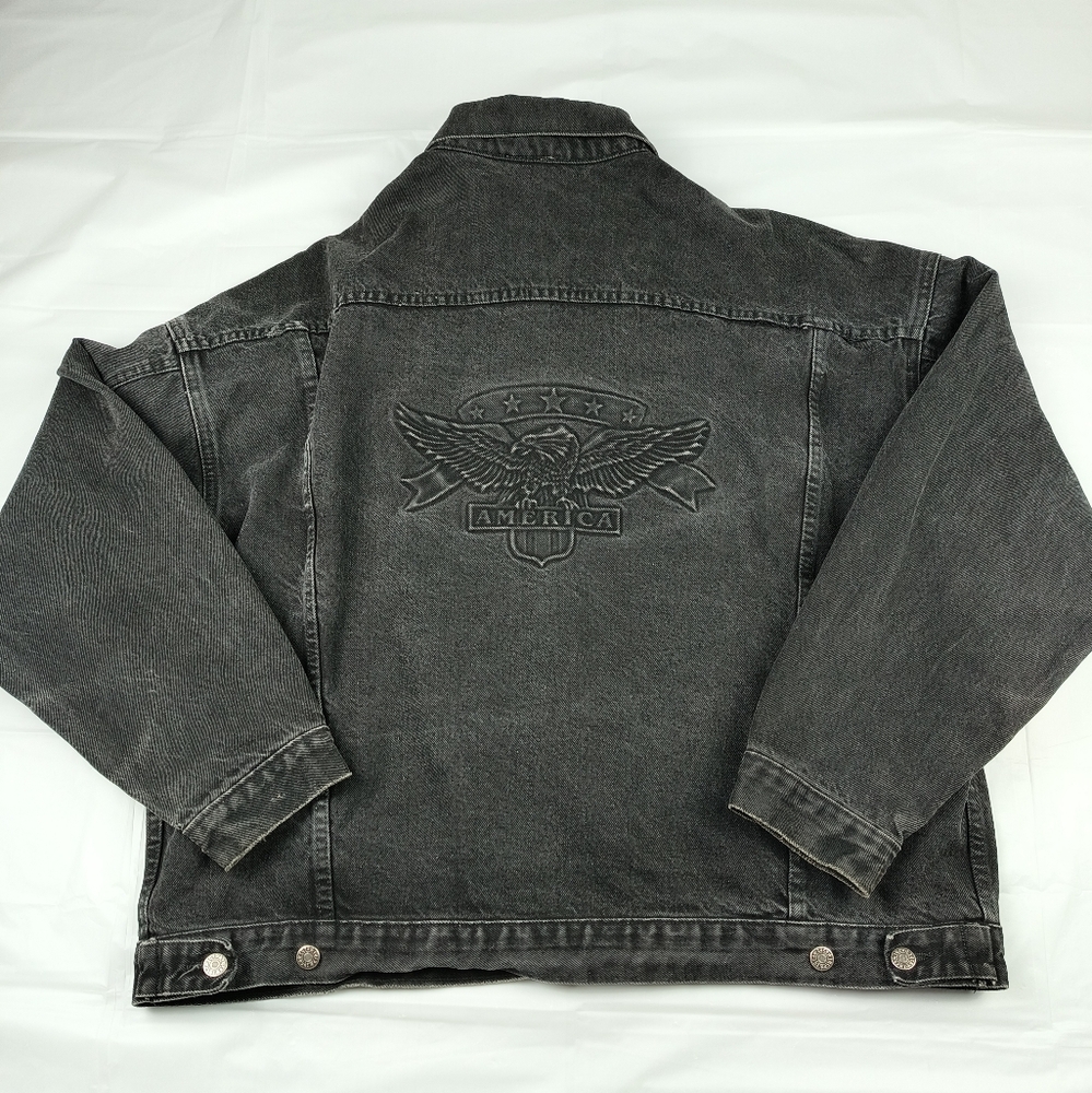VINTAGE Tyca Jacket Mens 2XL XXL Black Denim Embossed IAofM USA Jean Trucker